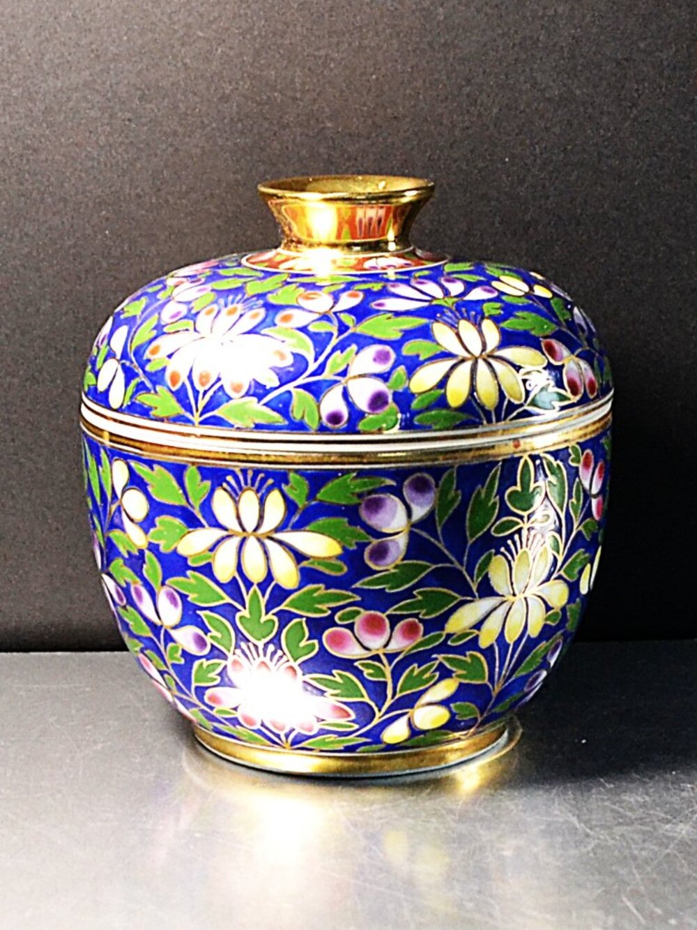 Traditional Thai Benjarong Ginger Jar Ornate Cobalt Blue Gold Enamel With Lid - Picture 2 of 7